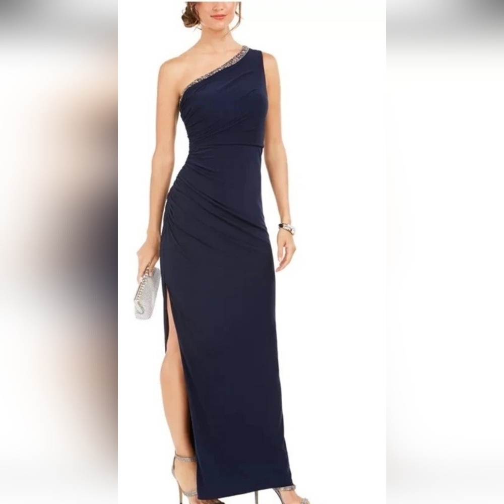 Adrianna Papell Elegant Navy One-Shoulder Dress Size 12